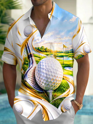 Adaychic Men's Short Sleeve Shirt - Golf Course Landscape With Golf Ball And Club Print with Chest Pocket