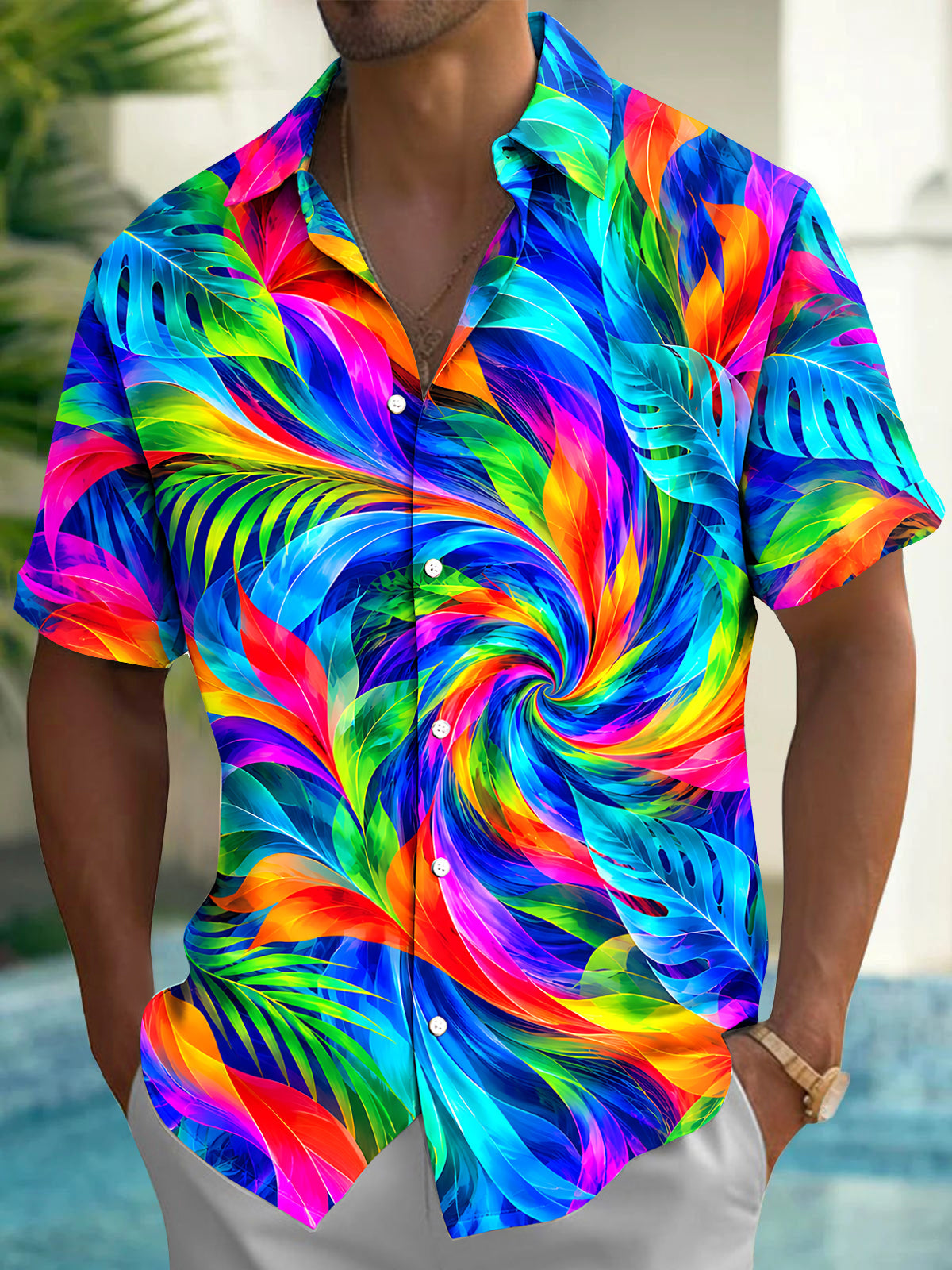 Adaychic Men's Hawaiian Abstract Neon Tropical Leaves Print Short Sleeve Shirt with Chest Pocket