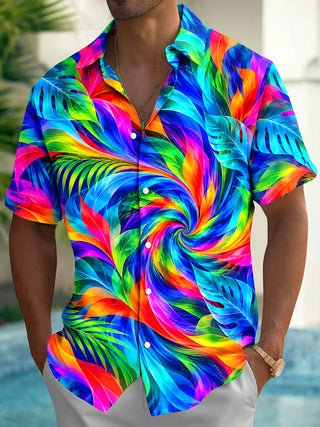 Adaychic Men's Hawaiian Abstract Neon Tropical Leaves Print Short Sleeve Shirt with Chest Pocket