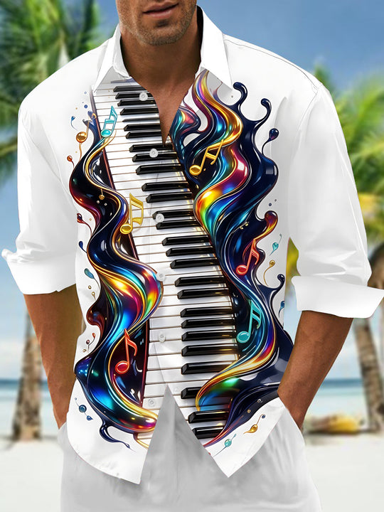 Adaychic Men's Graphic Piano Keyboard And Musical Notes Print Long Sleeve Shirt with Chest Pocket