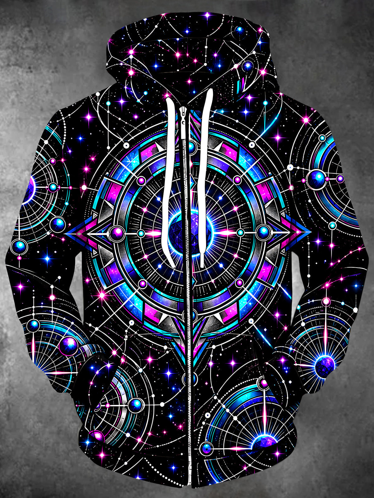 Adaychic Men's Long Sleeve Zip-Up Hoodie - Astrological Geometric Constellations And Planets Print