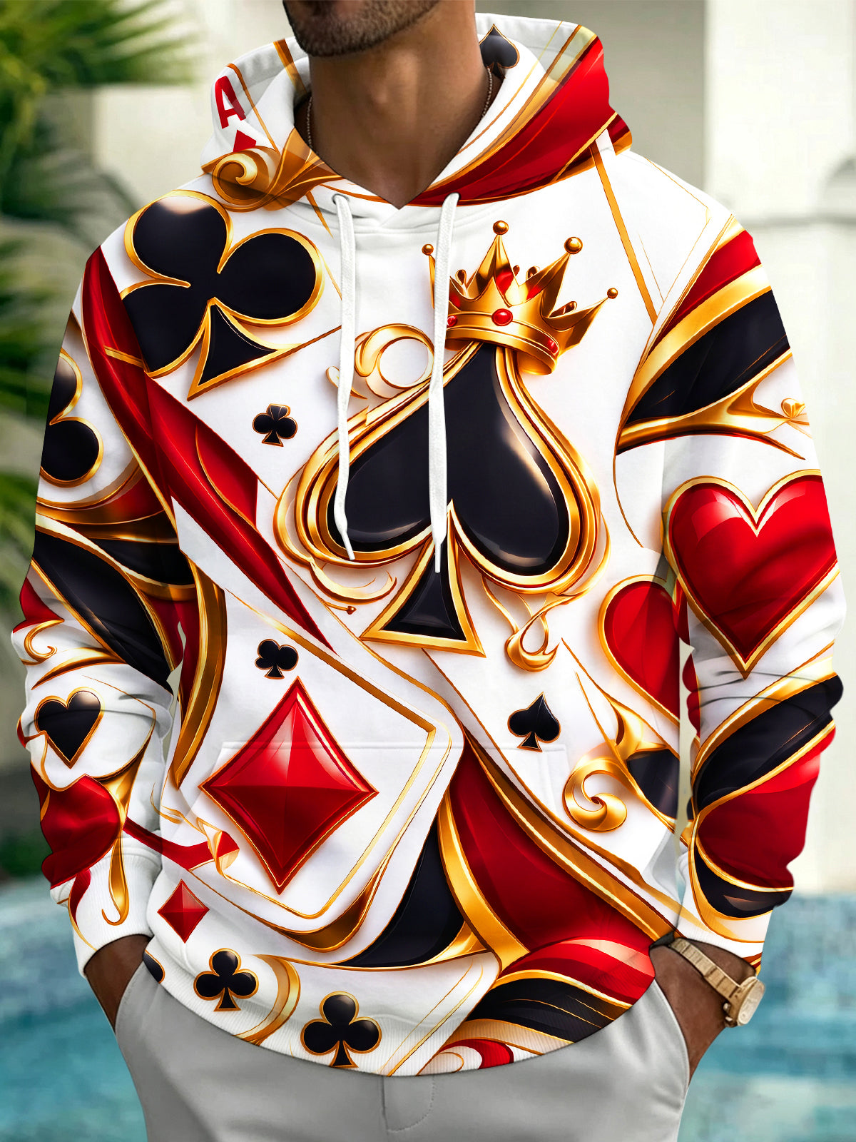 Adaychic Men's Graphic Playing Card Suits And Crown Print Long Sleeve Hoodie