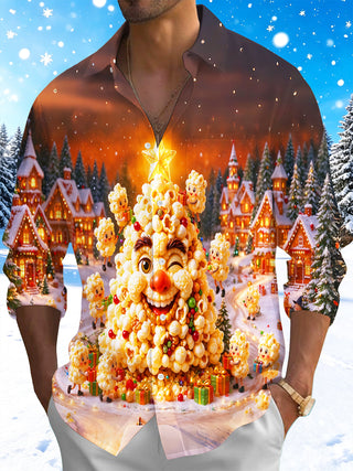 Adaychic Men's Long Sleeve Shirt - Popcorn Christmas Tree Character With Ornaments And Gifts Print with Chest Pocket