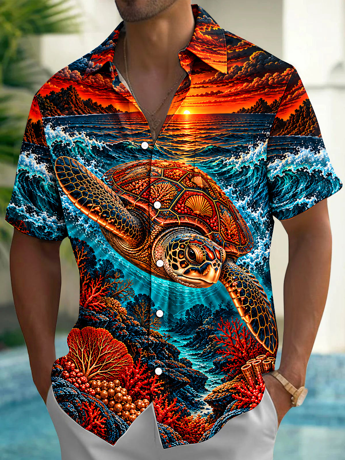 Adaychic Men's Hawaiian Sea Turtle And Coral Reef Print Short Sleeve Shirt with Chest Pocket