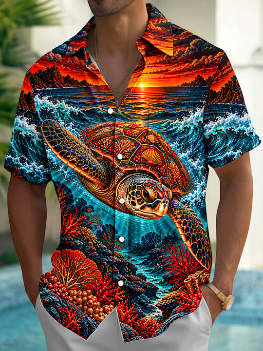 Adaychic Men's Hawaiian Sea Turtle And Coral Reef Print Short Sleeve Shirt with Chest Pocket