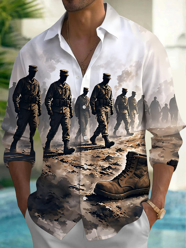 Adaychic Men's Soldiers Walking And Combat Boots Print Long Sleeve Shirt with Chest Pocket