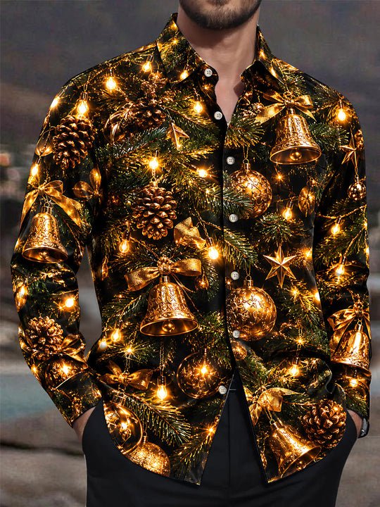 Adaychic Men's Christmas Pine Bells And Ornaments Print Long Sleeve Shirt with Chest Pocket