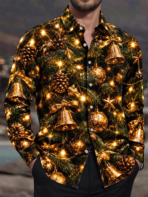 Adaychic Men's Christmas Pine Bells And Ornaments Print Long Sleeve Shirt with Chest Pocket