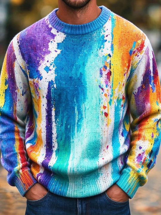 Adaychic Men's Abstract Rainbow Paint Splatter Print Long Sleeve Sweater