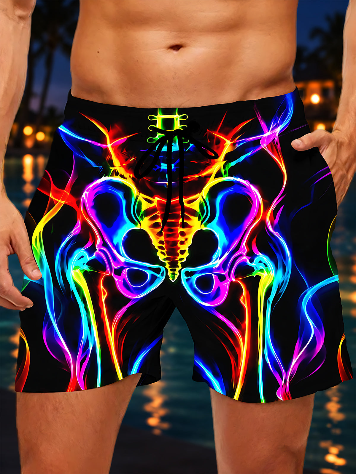 Adaychic Men's Graphic Neon Rainbow Skeleton Pelvis And Spine Print Shorts