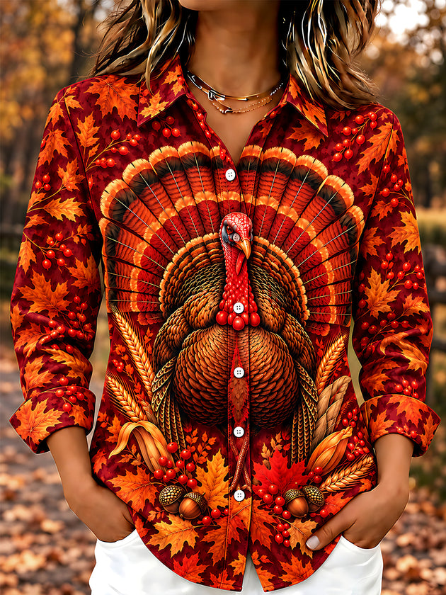 Adaychic Women's Thanksgiving Turkey And Autumn Leaves Print Long Sleeve Shirt