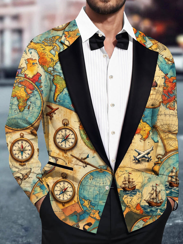 Adaychic Men's Vintage Map And Compass Print Long Sleeve Shirt with Chest Pocket