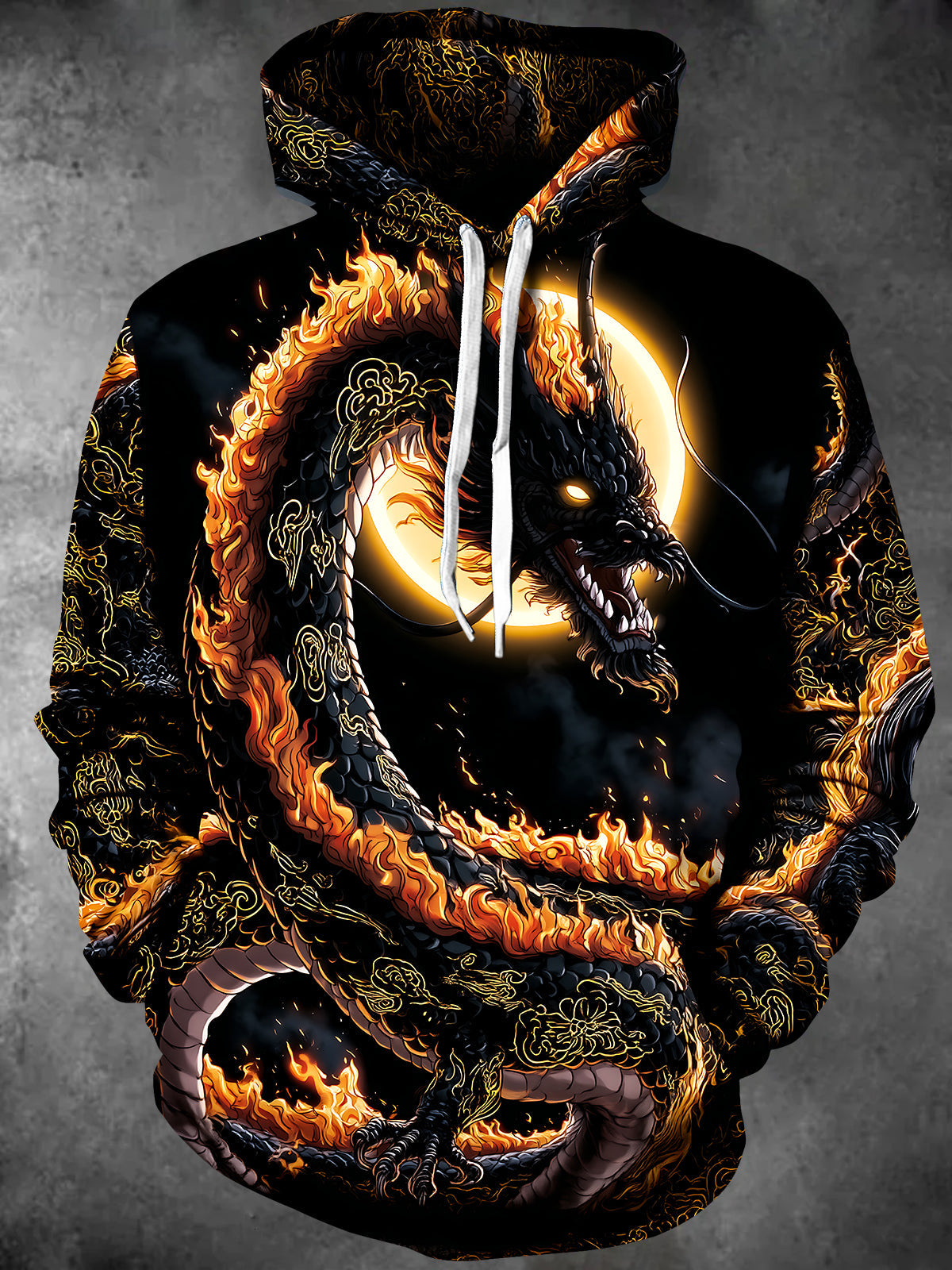 Adaychic Men's Graphic Fire Dragon And Moon Print Long Sleeve Hoodie