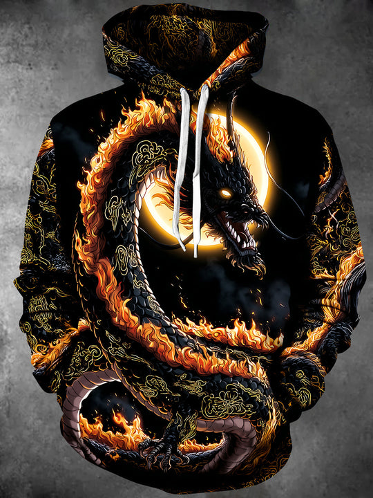 Adaychic Men's Graphic Fire Dragon And Moon Print Long Sleeve Hoodie