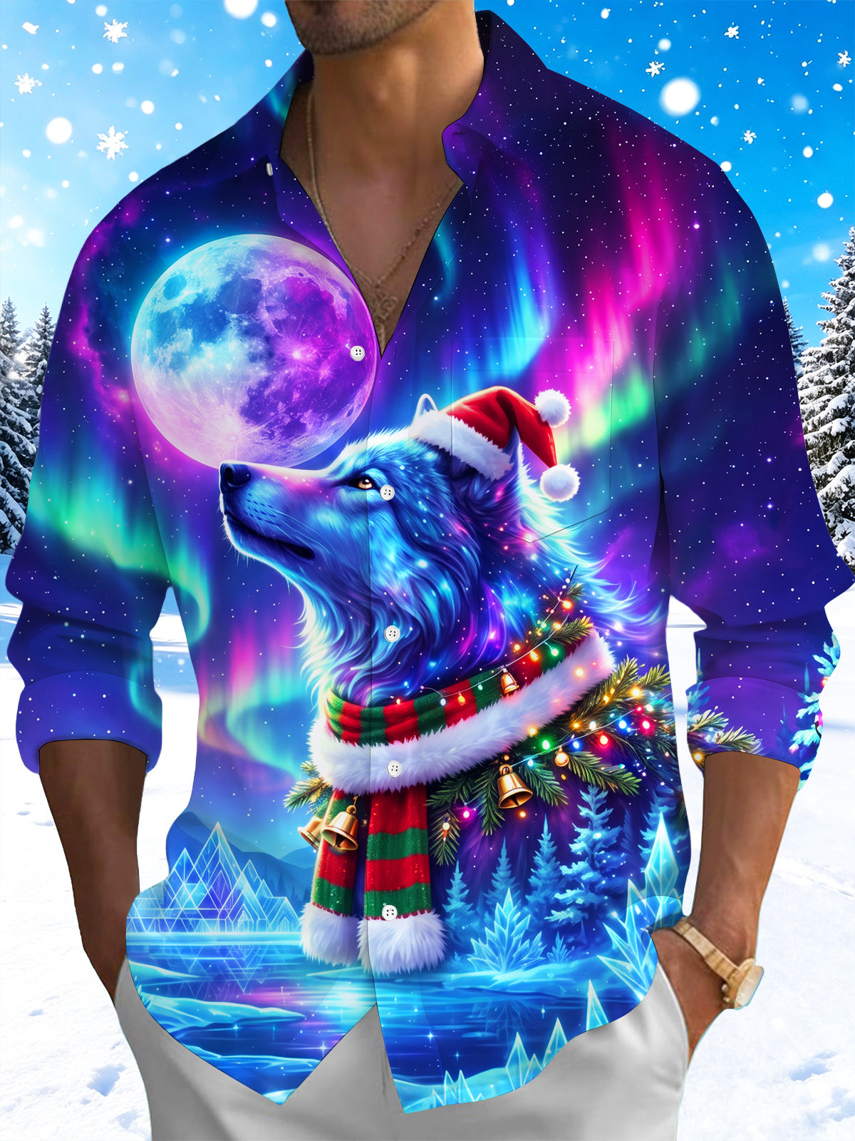 Adaychic Men's Wolf With Santa Hat And Christmas Scarf Print Long Sleeve Shirt with Chest Pocket