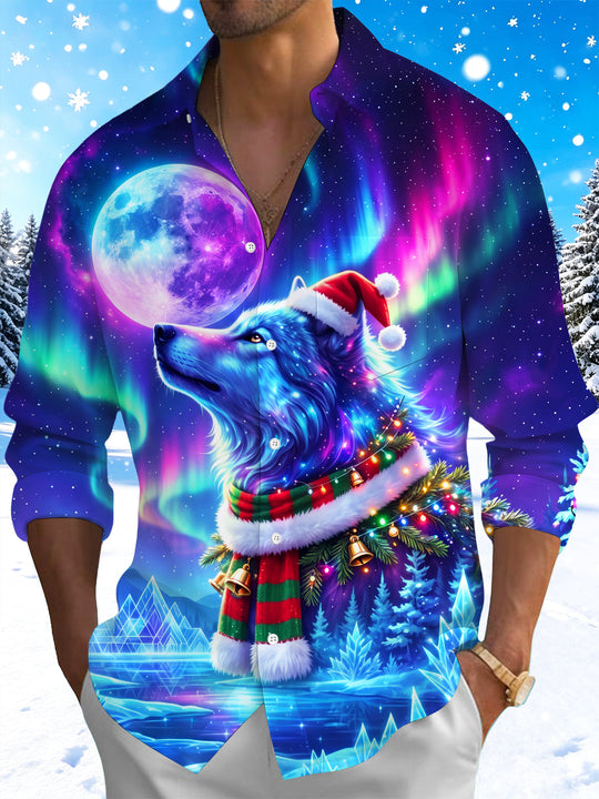 Adaychic Men's Wolf With Santa Hat And Christmas Scarf Print Long Sleeve Shirt with Chest Pocket