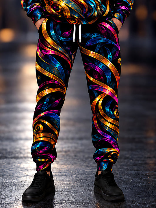 Adaychic Men's Patterned Abstract Swirling Ribbons And Feathers Print Pants