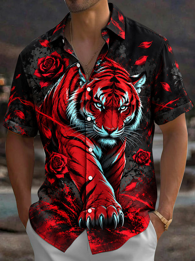 Adaychic Men's Hawaiian Red Tiger And Red Roses Print Short Sleeve Shirt with Chest Pocket