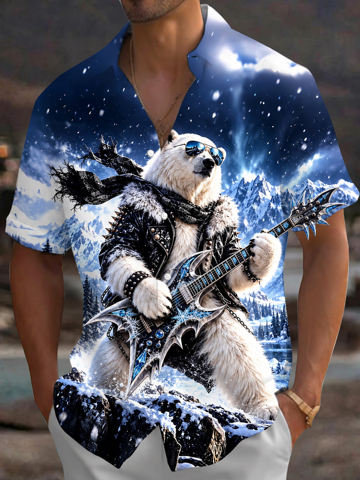 Adaychic Men's Graphic Polar Bear Rock Musician Print Short Sleeve Shirt