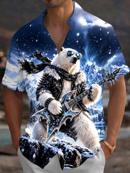 Adaychic Men's Graphic Polar Bear Rock Musician Print Short Sleeve Shirt with Chest Pocket