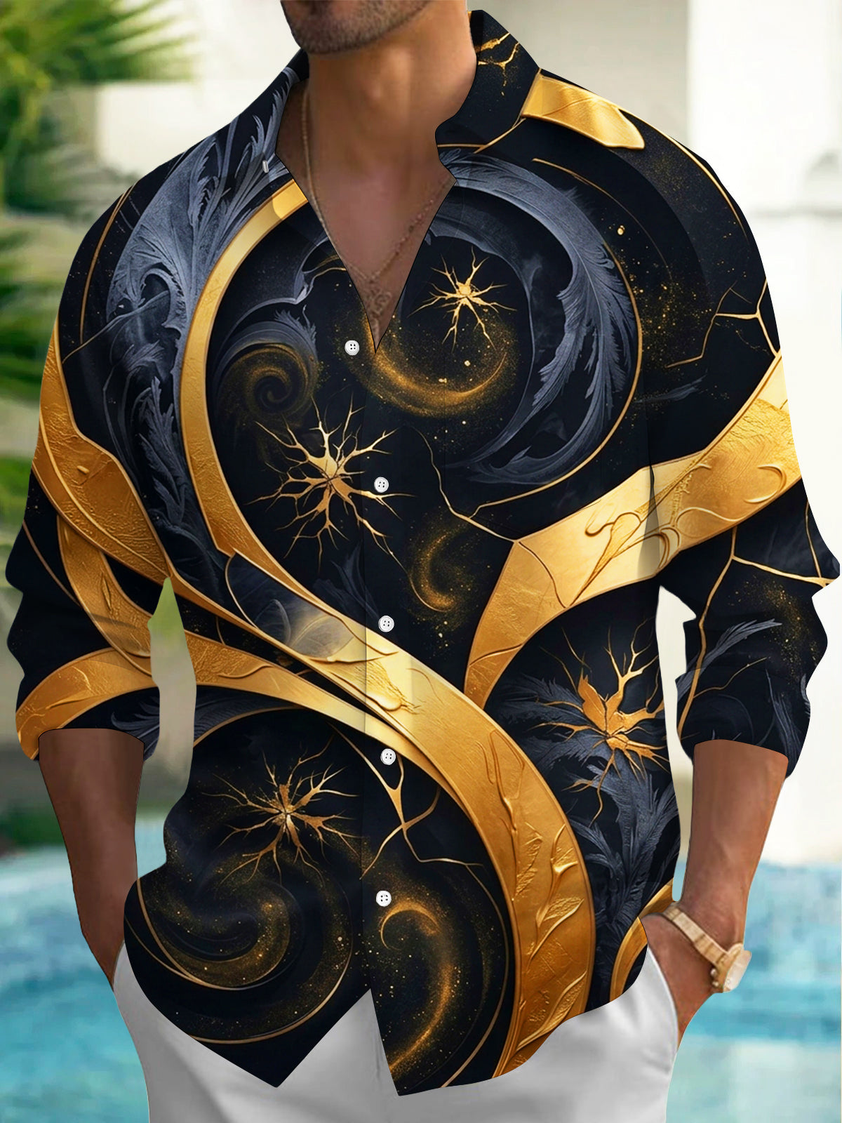 Adaychic Men's Long Sleeve Shirt - Abstract Gold And Black Spiral Art With Nerve-like Patterns Print with Chest Pocket