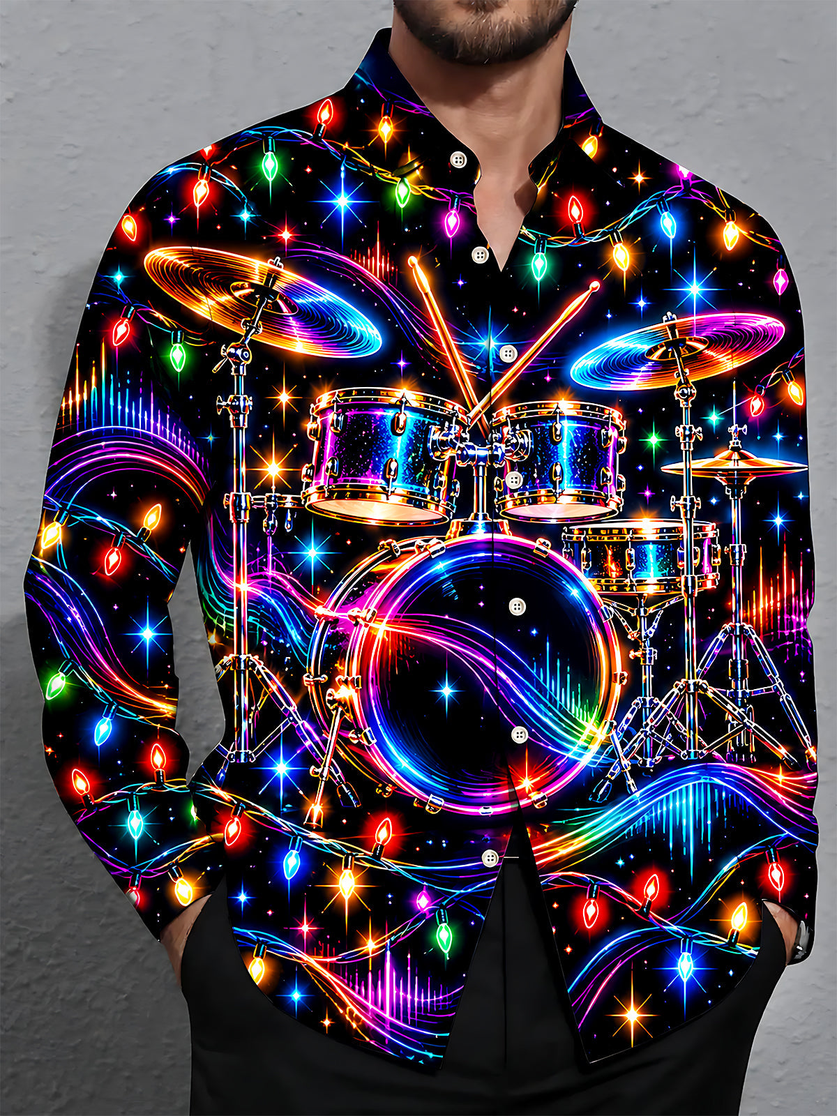 Adaychic Men's Neon Drum Kit And Christmas Lights Print Long Sleeve Shirt with Chest Pocket