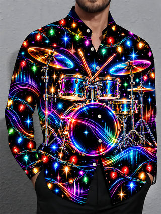Adaychic Men's Neon Drum Kit And Christmas Lights Print Long Sleeve Shirt with Chest Pocket