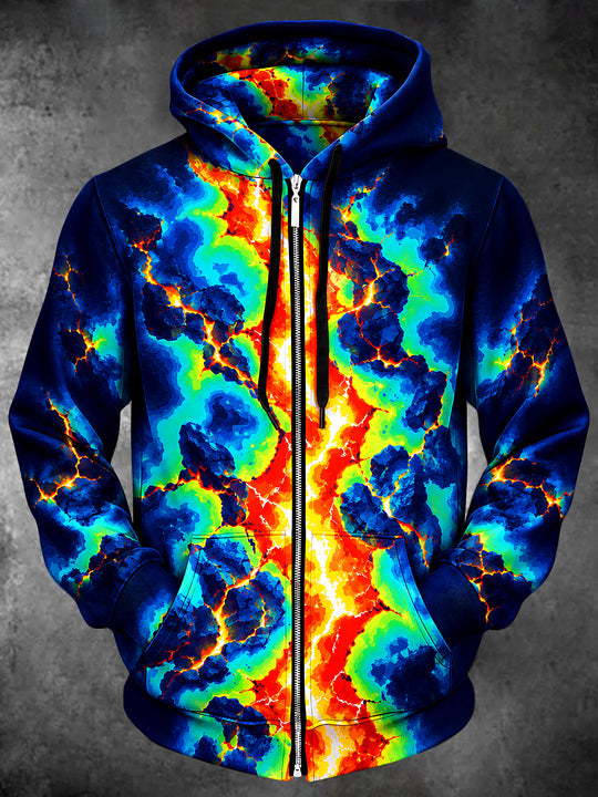 Adaychic Men's Long Sleeve Zip-Up Hoodie - Abstract Cracked Lava And Lightning Pattern with Kangaroo Pocket