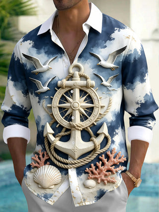 Adaychic Men's Graphic Nautical Anchor And Ship Wheel Print Long Sleeve Shirt with Chest Pocket