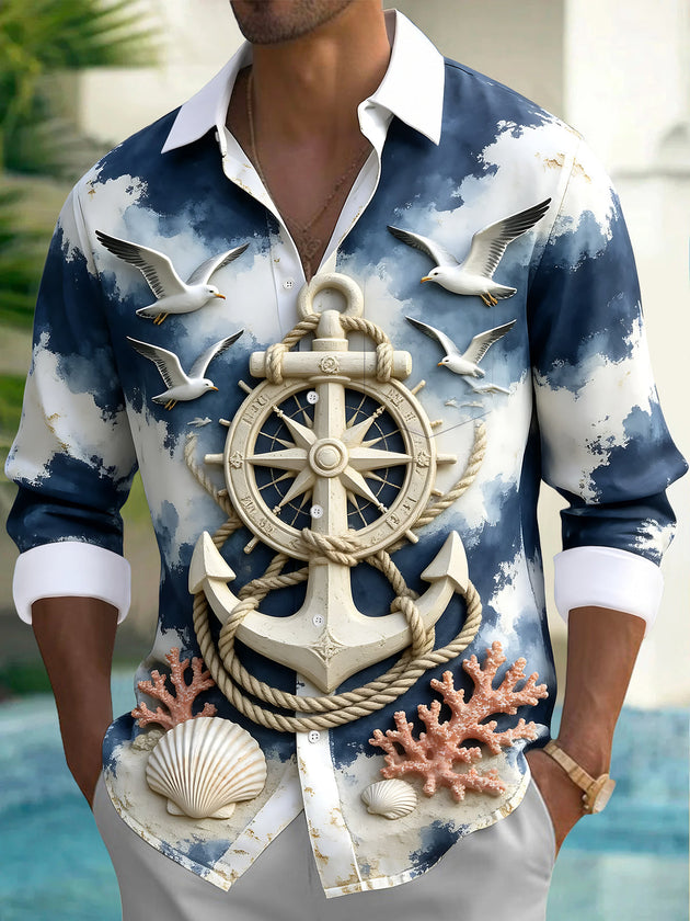 Adaychic Men's Graphic Nautical Anchor And Ship Wheel Print Long Sleeve Shirt with Chest Pocket