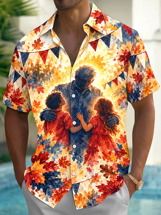 Adaychic Men's Veterans Day Veteran Hug Grandchildren Print Short Sleeve Shirt with Chest Pocket