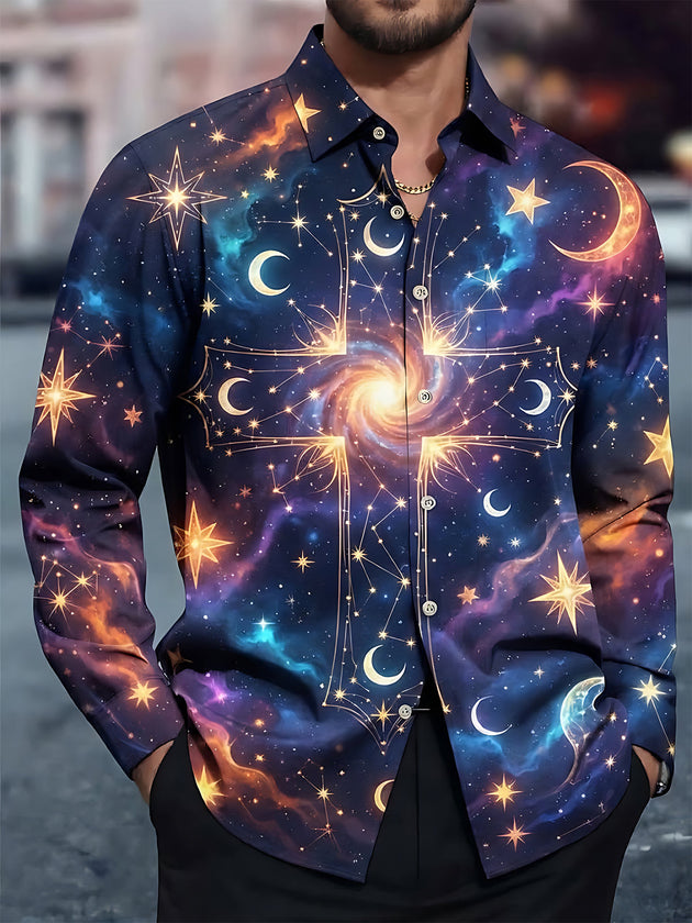 Adaychic Men's Galaxy Cross With Stars And Moons Print Long Sleeve Shirt with Chest Pocket