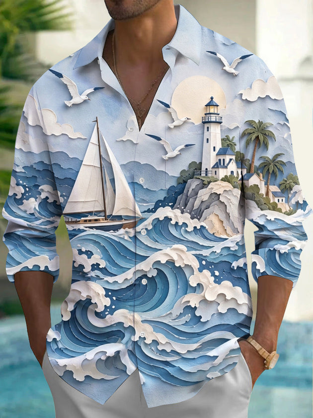 Adaychic Men's 3D Ocean Waves And Sailboat Print Long Sleeve Shirt with Chest Pocket