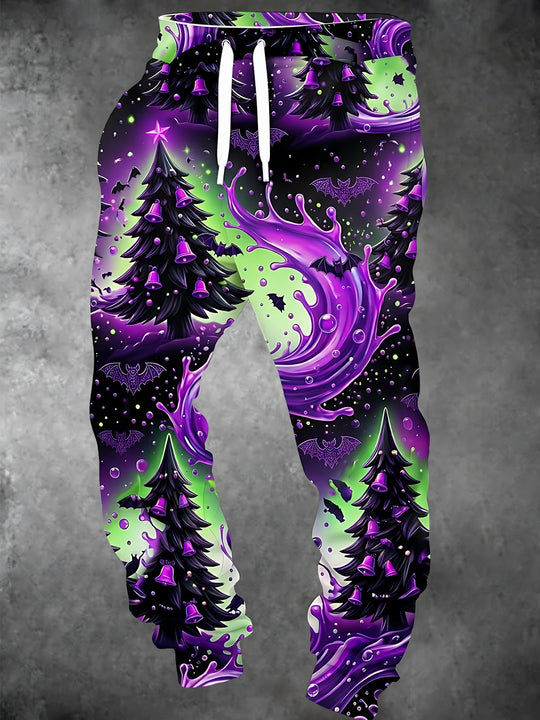 Adaychic Men's Graphic Dark Christmas Trees And Bells With Bats Print Pants