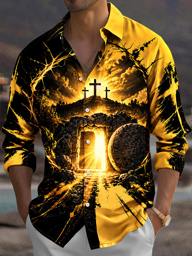Adaychic Men's Long Sleeve Shirt - Easter Resurrection Scene With Three Crosses And Open Tomb Print with Chest Pocket