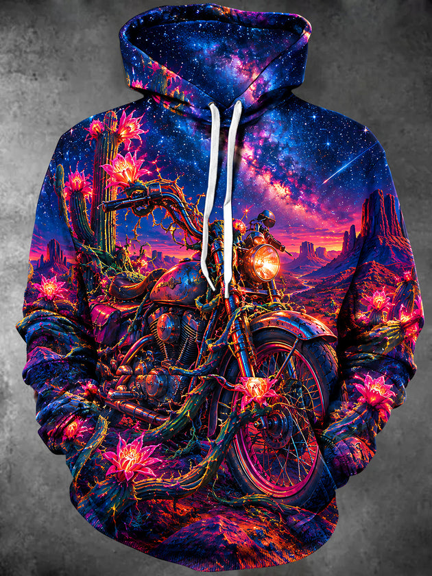 Adaychic Men's Long Sleeve Hoodie - Motorcycle In Desert Landscape With Cacti And Galaxy Sky Print