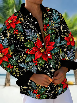 Adaychic Men's Hawaiian Christmas Poinsettia And Holly Print Long Sleeve Shirt with Chest Pocket