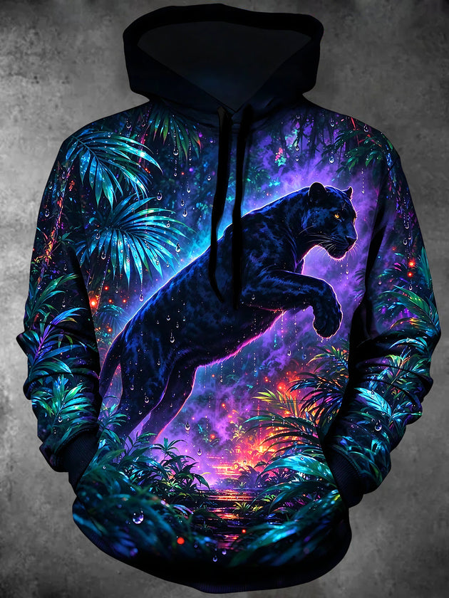 Adaychic Men's Graphic Black Panther In Rainforest Print Long Sleeve Hoodie