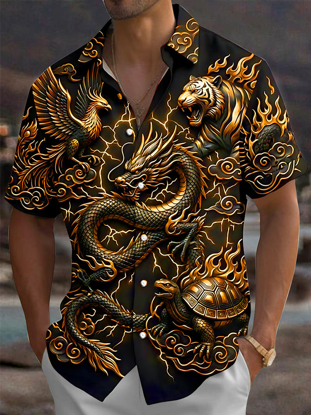 Adaychic Men's Graphic Dragon Tiger Phoenix And Turtle Print Short Sleeve Shirt with Chest Pocket