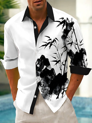 Adaychic Men's Printed Bamboo And Mountain Ink Wash Print Long Sleeve Shirt with Chest Pocket