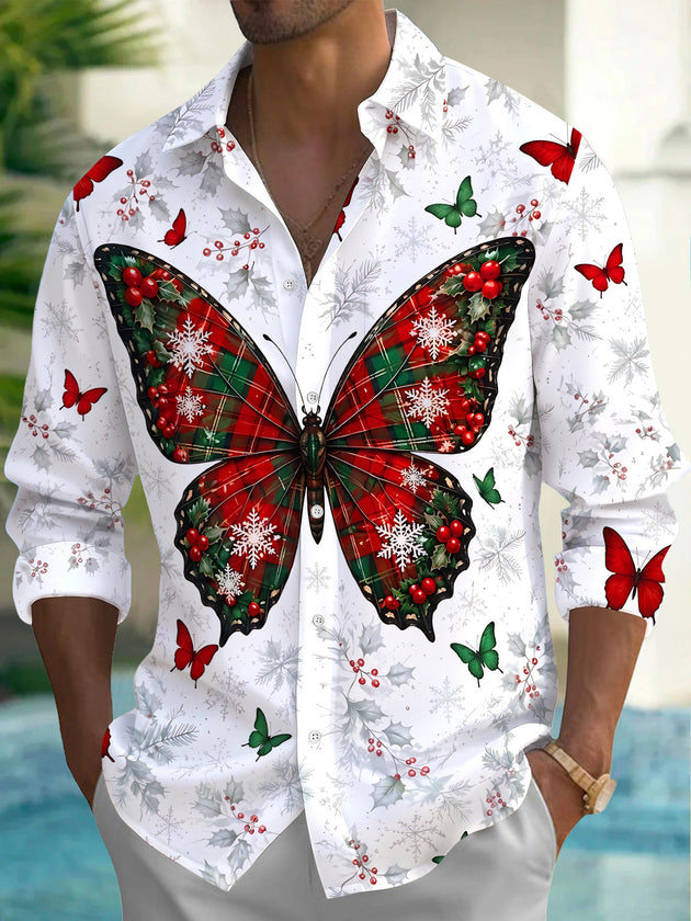 Adaychic Men's Long Sleeve Shirt - Christmas Butterfly With Plaid Snowflakes And Holly Berries Print with Chest Pocket