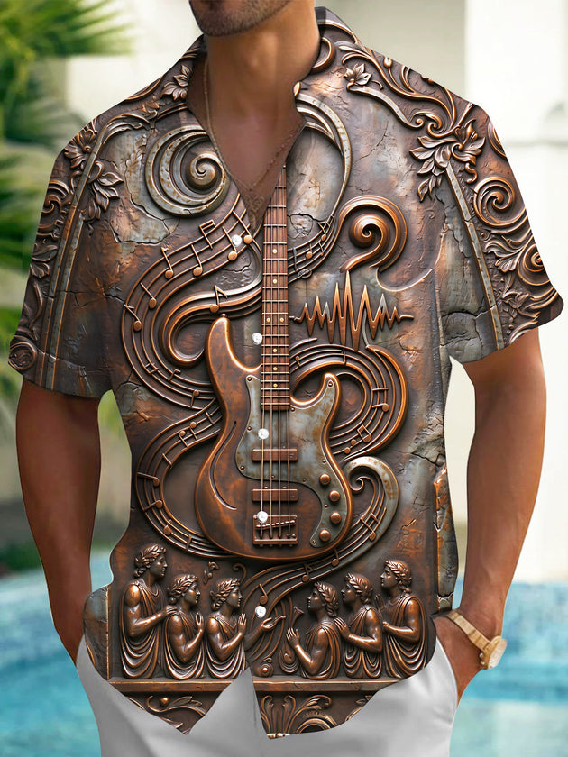 Adaychic Men's Short Sleeve Shirt - Bronze Relief Bass Guitar And Musical Notes Print with Chest Pocket