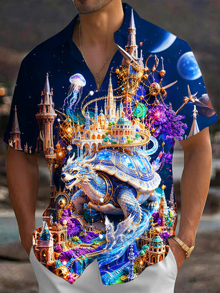 Adaychic Men's Fantasy Turtle And Floating Castle Print Short Sleeve Shirt with Chest Pocket