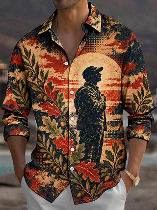 Adaychic Men's Long Sleeve Shirt - Veterans Day Soldier Silhouette And Autumn Leaves Print with Chest Pocket