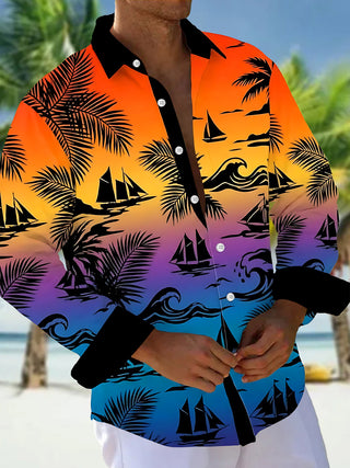 Adaychic Men's Short Sleeve Shirt - Tropical Sunset Sailboats And Palm Leaves Print with Chest Pocket