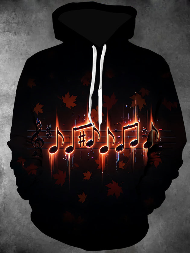 Adaychic Men's Neon Musical Notes And Maple Leaves Print Long Sleeve Hoodie