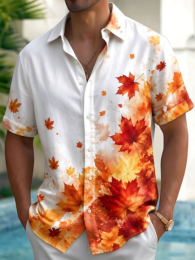 Adaychic Men's Printed Watercolor Maple Leaves Print Short Sleeve Shirt with Chest Pocket