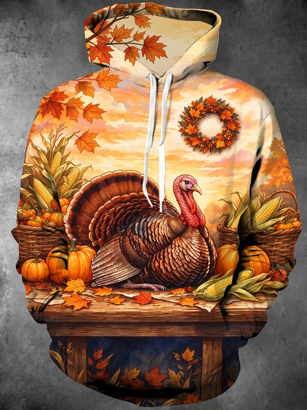 Adaychic Men's Long Sleeve Pullover Hoodie - Thanksgiving Turkey And Harvest Produce Print with Kangaroo Pocket