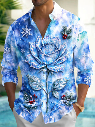 Adaychic Men's Long Sleeve Shirt - Blue Rose With Snowflakes And Winter Berries Print with Chest Pocket