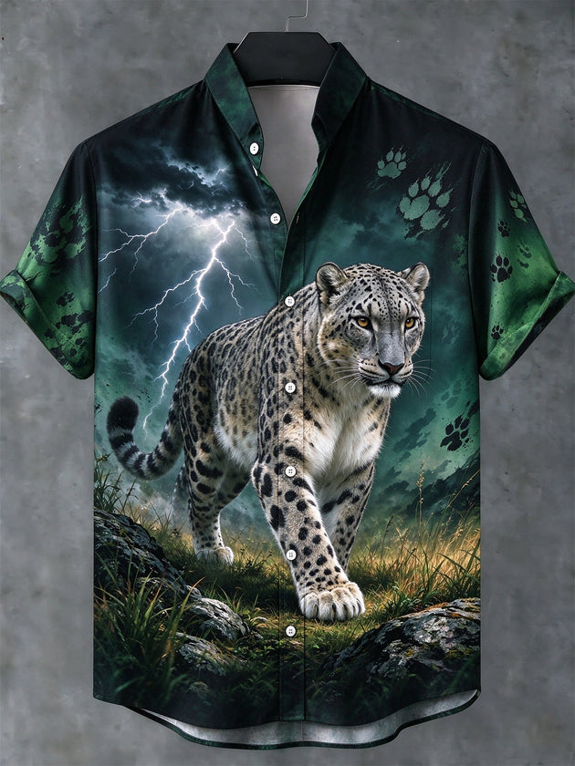 Adaychic Men's Snow Leopard Walking Print Short Sleeve Stand Collar Shirt with Chest Pocket